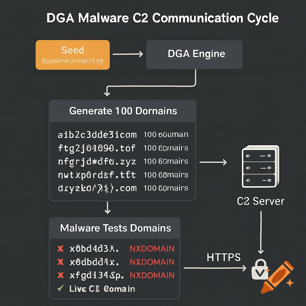 DGA (Domain Generation Algorithm) Lifecycle Domain Generation Algorithm (DGA) workflow showing how malware generates and tests domains to find active C2 servers