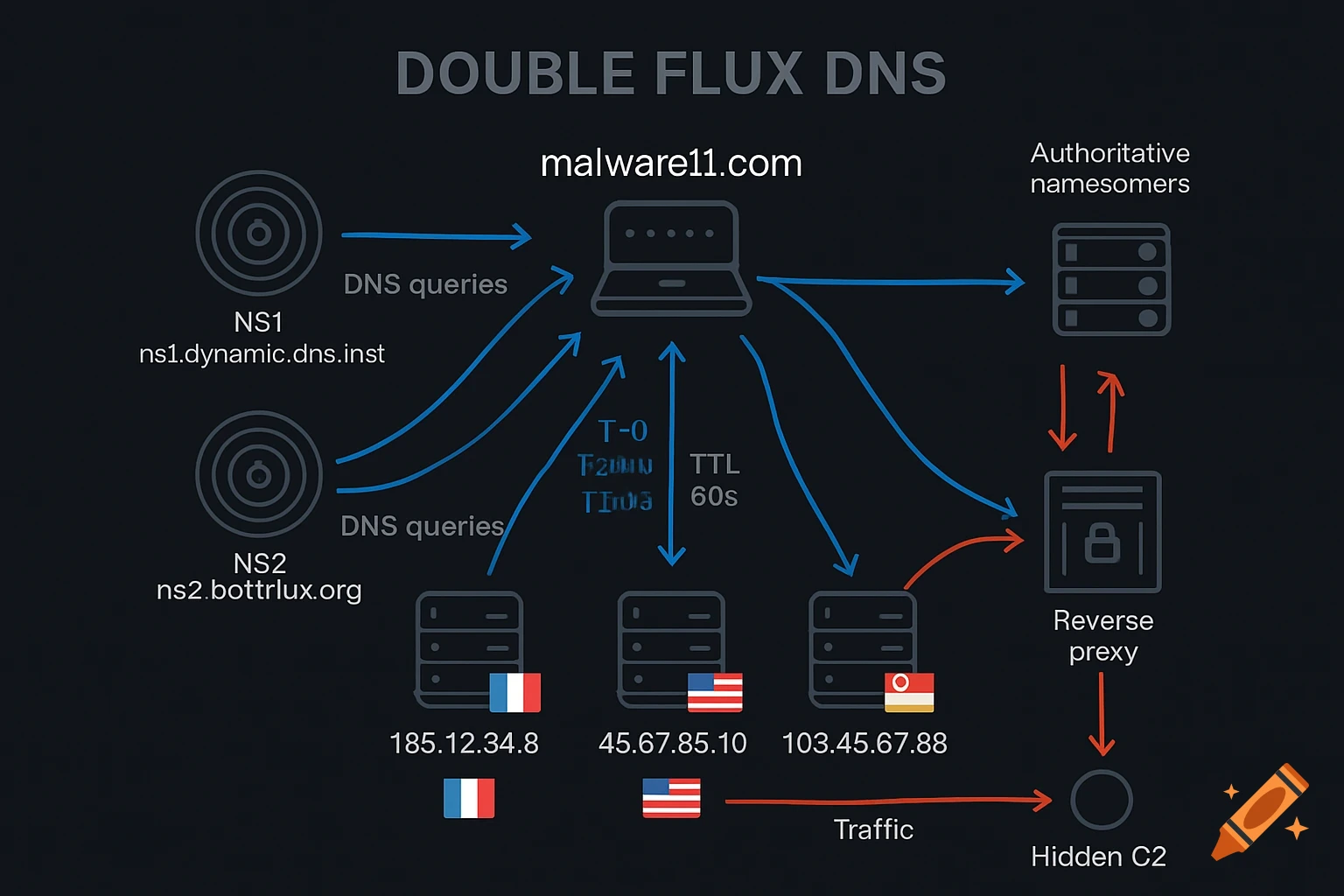 Double Flux DNS Architecture Double Flux DNS evasion technique diagram showing rotating nameservers and IP addresses to hide command-and-control servers