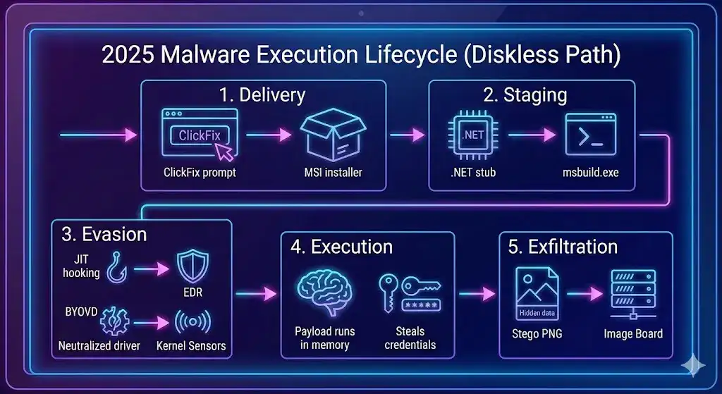 The 2025 Malware Execution Lifecycle (Diskless Path) The 2025 Malware Execution Lifecycle (Diskless Path)